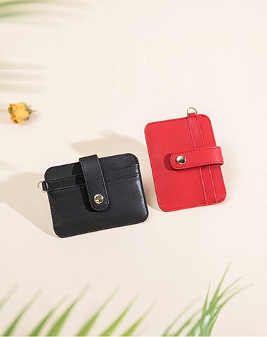 Cute Women Black Leather Card Holder Slim Card Wallet Slim Card Holder with Keychain Ring Credit Card Holder For Women