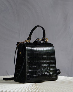 Handmade Womens Stylish Square Black Leather Doctor Handbag Side Purse Doctor Purse for Women