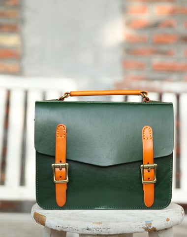 Womens Handmade Green Leather Satchel Handbag Cambridge Structured Satchel Shoulder Purse