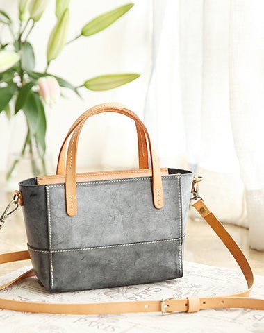 Vintage Womens Gray Leather Handbag Tote Purse Tote Handmade Shopper Side Tote Bag for Men