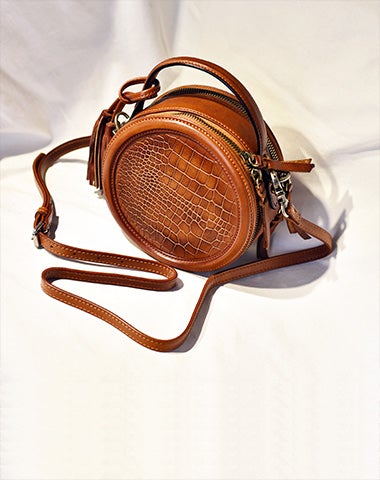 Womens Brown Leather Round Crossbody Bag Crocodile Pattern Vintage Round Handbag Shoulder Bag for Women