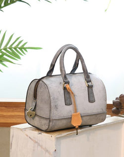 Vintage Gray Womens Waxed Leather Boston Handbags Purse Small Side Bag Purse for Women