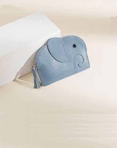 Elephant Women Blue Leather Small Zipper Wallet Keychain